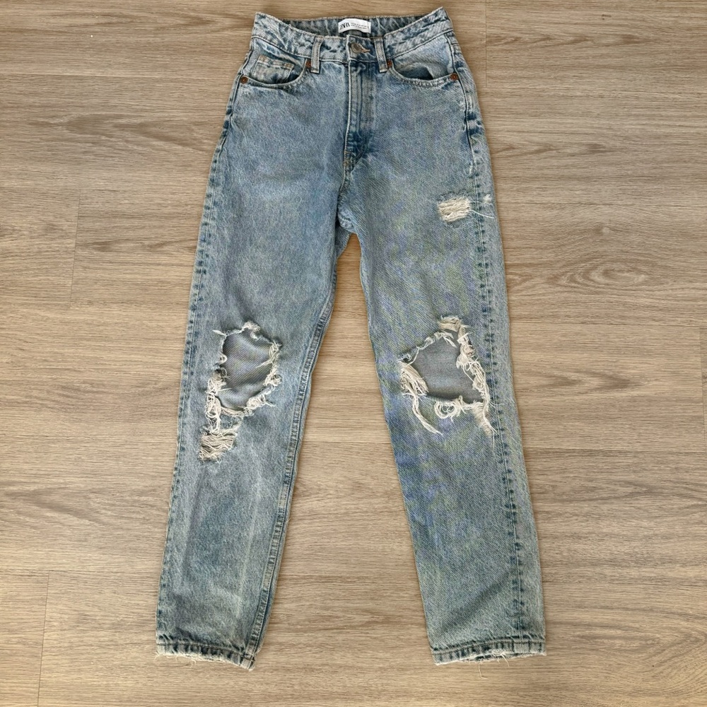 zara blue wash distressed ripped denim straight mom boyfriend jeans pants bottom
